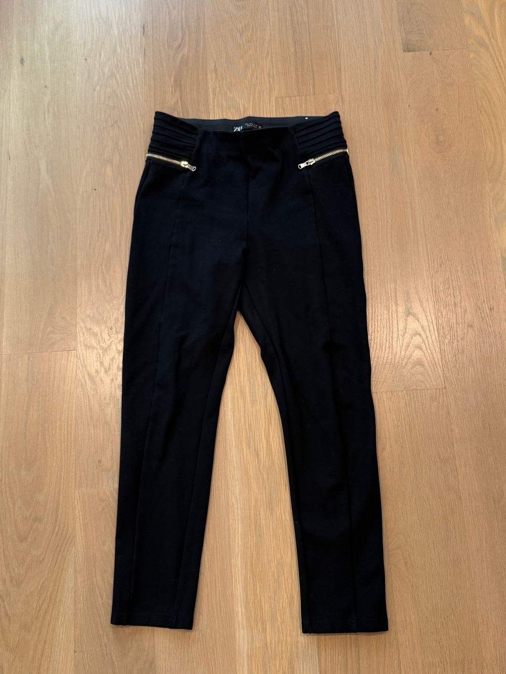 Zara Black Slim Pants with Gold Zip Accents